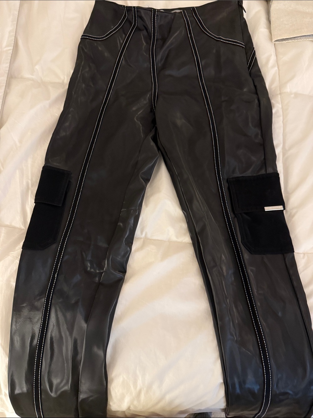 Black women’s Faux Leather Pants/leggings with Contrast Stitching